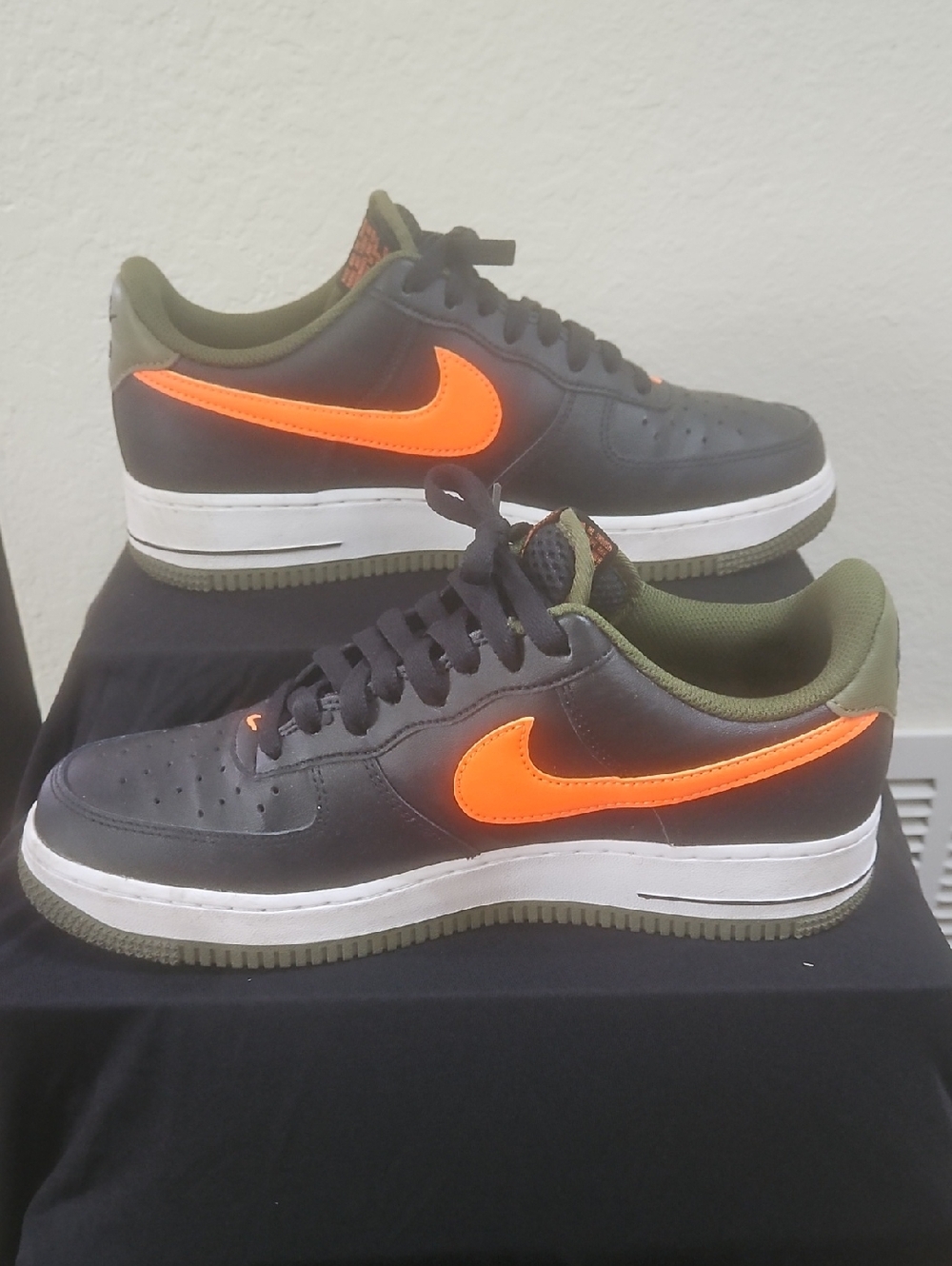 Nike Men’s Low-Top Sneakers — Black with Orange Swoosh and Olive Trim